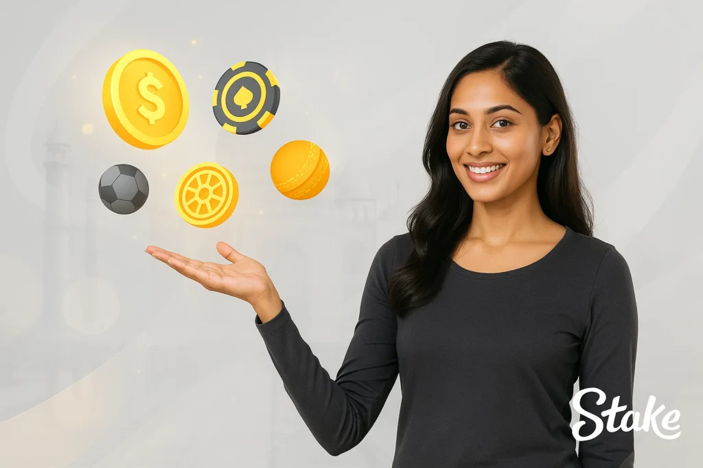 Smiling woman presenting floating casino symbols including poker chip, dollar coin, football, and cricket ball - Stake online casino concept